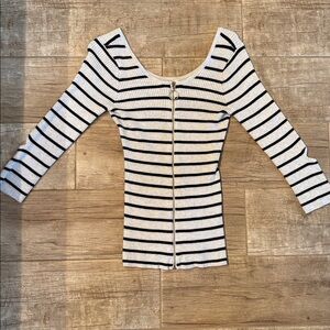 Guess Striped Ribbed Zip-Up Sweater Top